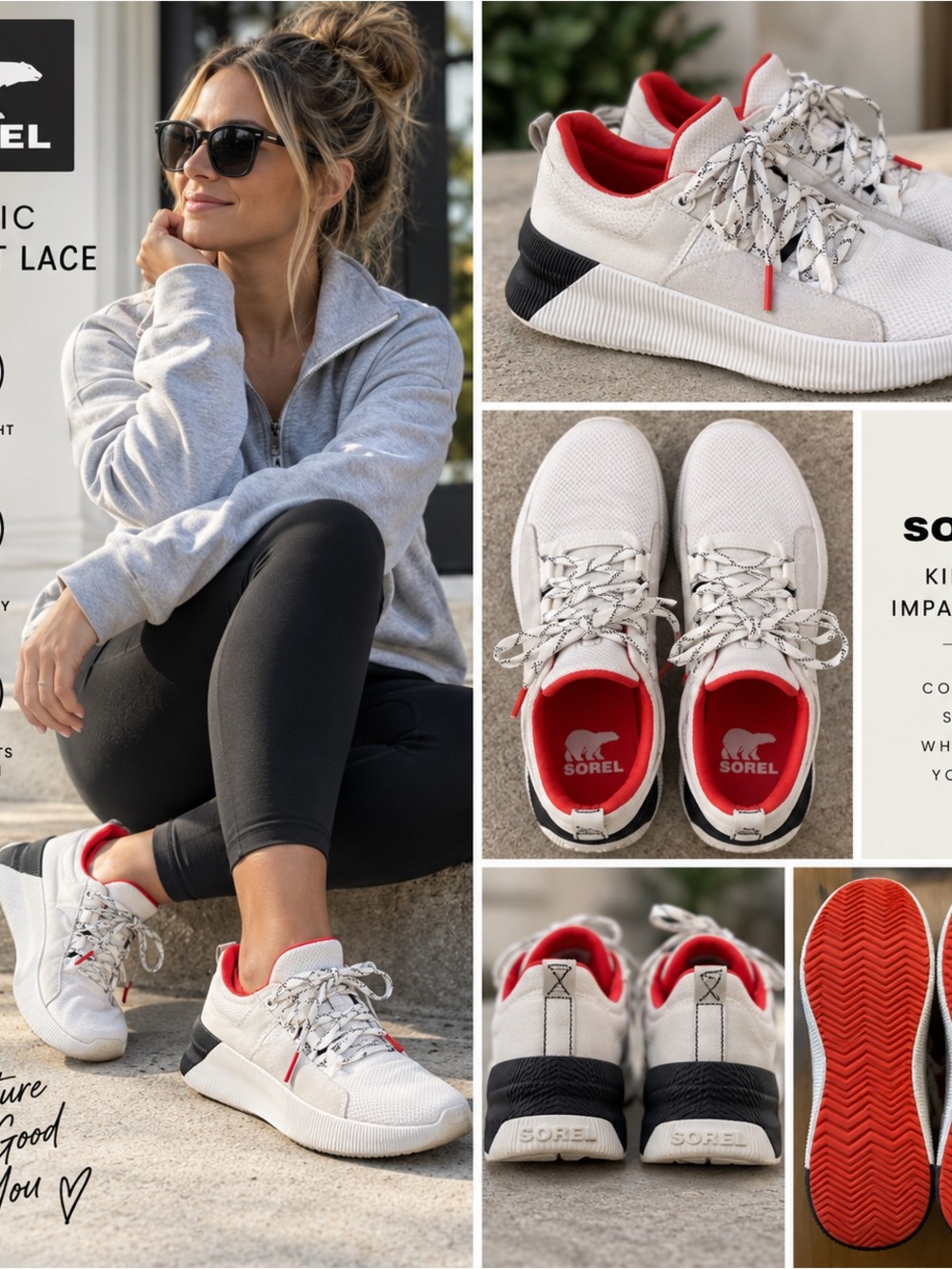 SOREL Kinetic Impact Lace Women’s 8.5 White Red Black Lightweight Sneakers